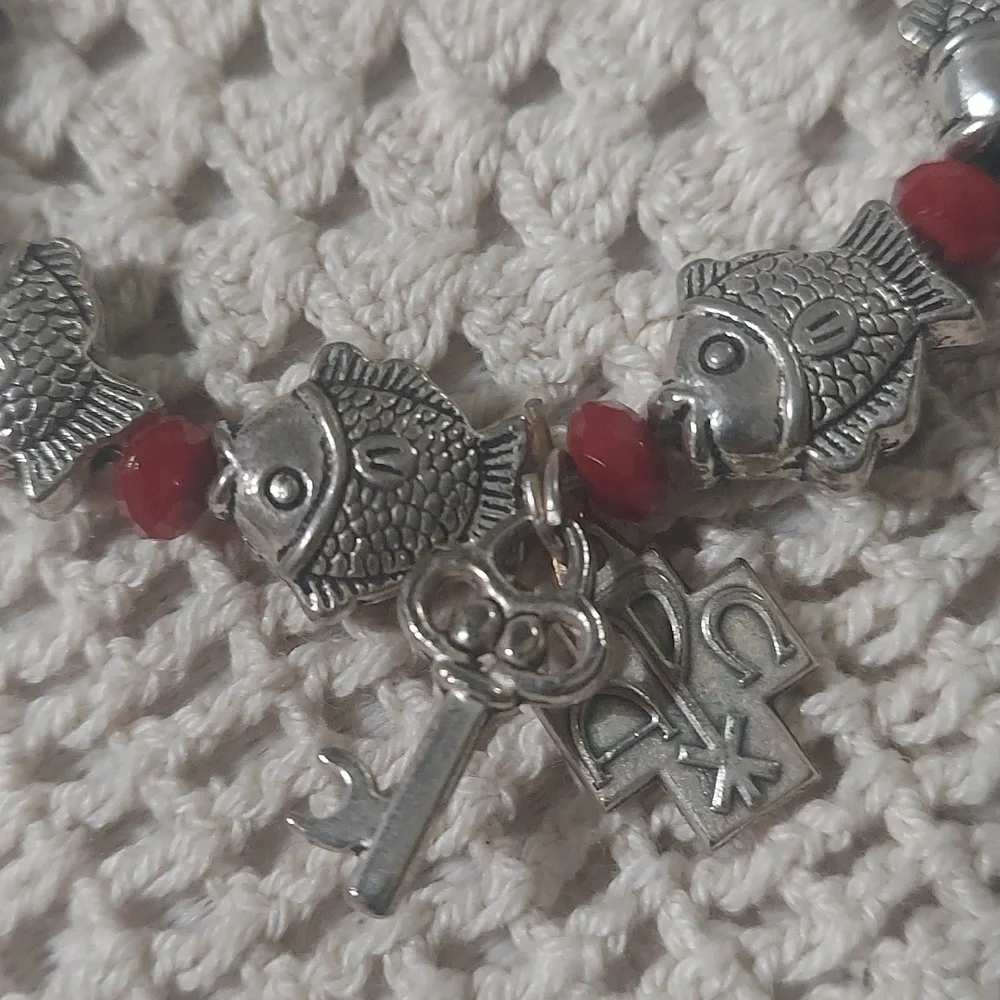 Vintage glass bead Alpha Omega Cross & chastity key Fish Silver bracelet